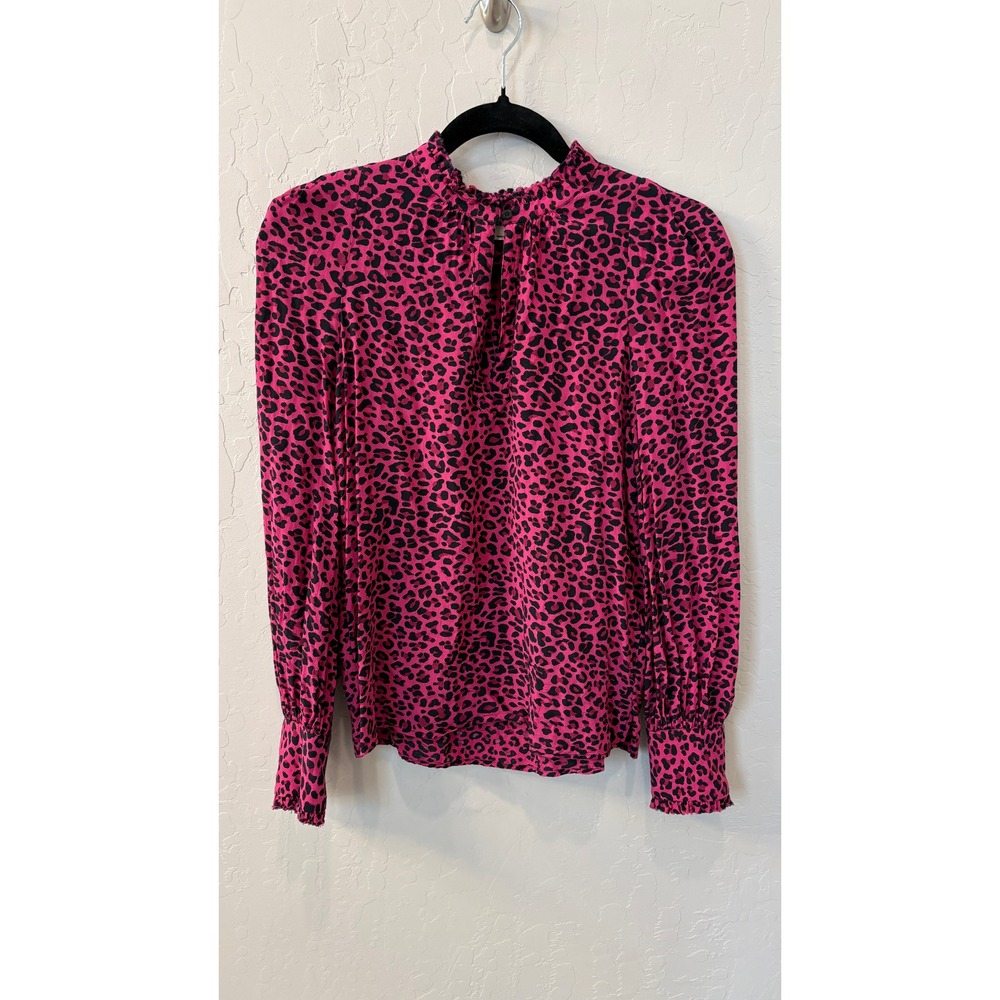 Zadig & Voltaire Pink Leopard‎ Print Silk Ruffle Mock Neck Blouse Top